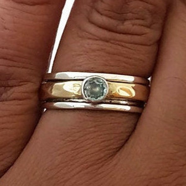 Blue Topaz Spinner Ring, 925 Sterling Silver, Brass, Narrow Blue Gemstone Ring, November Birthstone, Meditation Ring, Mistry Gems, SP46BT