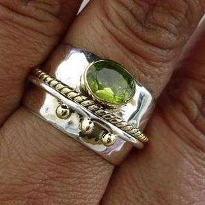 Facetted Peridot Ring, Wide BRASS/SILVER Band, Wedding Ring, August Birthstone, Peridot Jewelry, Green Gemstone, Boho Rings,Mistry Gems,R16P image 2