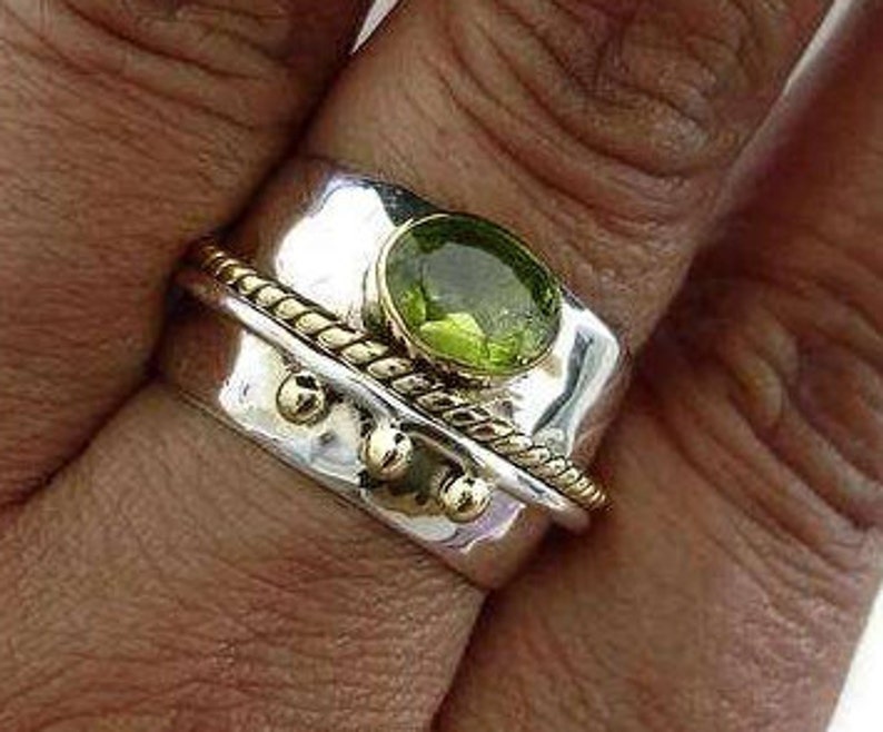 Facetted Peridot Ring, Wide BRASS/SILVER Band, Wedding Ring, August Birthstone, Peridot Jewelry, Green Gemstone, Boho Rings,Mistry Gems,R16P image 2