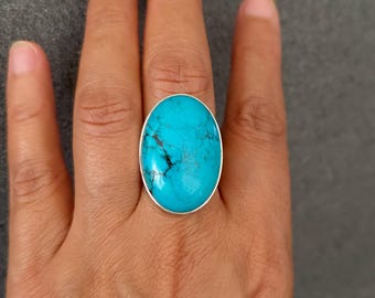 Large Oval Natural Blue Turquoise Ring, 925 Sterling Silver, Size US 8 3/4 UK R, Stone Size 3.0cm x 2.0cm, Mistry Gems, R90