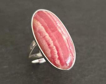 Long Oval Rhodochrosite Ring, 925 Sterling Silver, Ring Size US 8 UK P 1/2, Stone Size 2.6cm x 1.2cm, Mistry Gems, R142