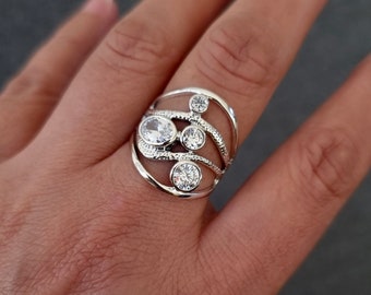 Cubic Zirconia Ring, Multistone 925 Silver Ring, April Birthstone, Forefinger Long Ring, Engagement Ring, Thumb, Boho Ring,Mistry Gems,R46CZ