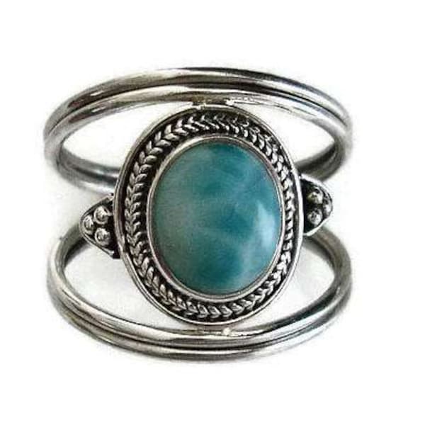 Unisex Boho Oval Larimar Ring, 925 Sterling Silver, Dominican Republic Turquoise Gemstone, Forefinger Pinky Thumb Ring, Mistry Gems, R29L