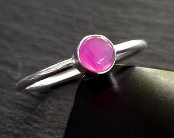 HOT Pink Agate Stacking Ring, Plain Sterling Silver, 5mm Round Fuschia Bright Pink Gemstone, Dainty Engagement Ring, Mistry Gems, R10PAG