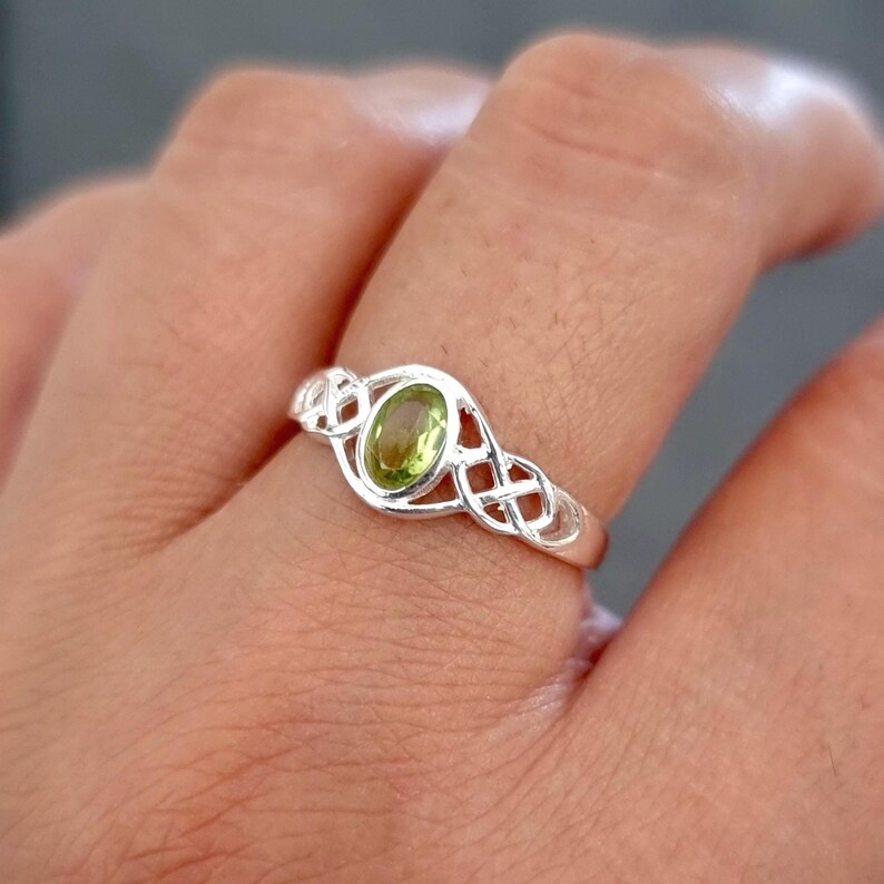 Unisex Sterling Silver Celtic Knot Peridot Ring, August Birthstone Gift, Celtic Weave Pagan Ring, Boho Green Gemstone Ring, R33P image 2