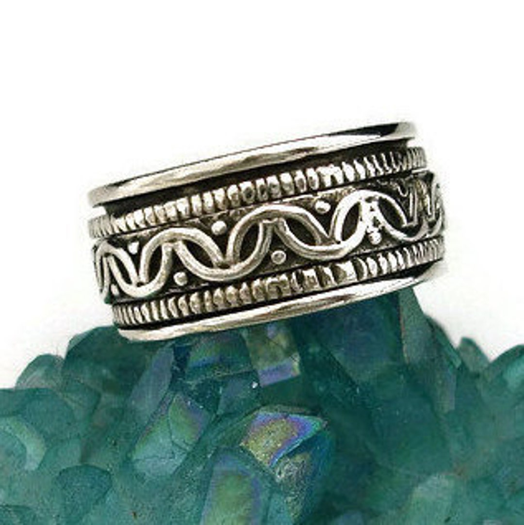 WIDE Aztec Mens Sterling Silver Ring, This Ring Does Not Spin
