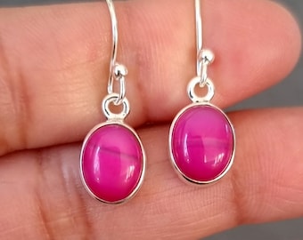 Small HOT Pink Agate Earrings, Oval 10mm x 8mm 925 Sterling Silver Dangly Earrings, Bright Fuchsia Pink Gemstone, Mistry Gems, E7PAG