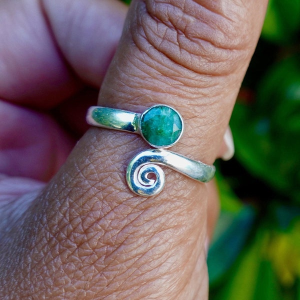 Adjustable Emerald Ring, 925 Sterling Silver Wrap Ring, Snake Ring, Thumb Ring, Pinky Finger Ring, May Birthstone, Mistry Gems, R61EM