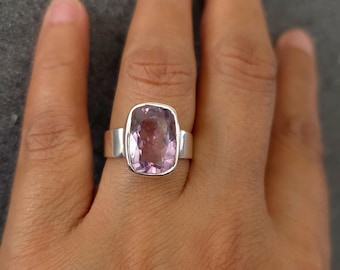 Elegant Rectangle Facetted Amethyst Ring, 925 Sterling Silver Wide Band Ring, Size US 8 UK P 1/2, Stone Size 1.4cm x 1.0cm, Mistry Gems, R8