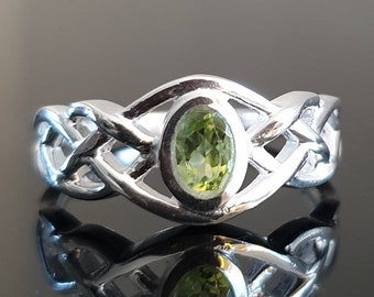 Celtic Sterling Silver Peridot Ring, Celtic Knot Ring, August Birthstone, Celtic Weave Pagan Ring, Boho Green Stone Ring, Mistry Gems, R33P