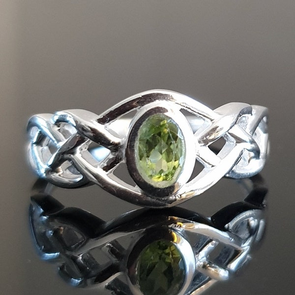 Celtic Sterling Silver Peridot Ring, Celtic Knot Ring, August Birthstone, Celtic Weave Pagan Ring, Boho Green Stone Ring, Mistry Gems, R33P
