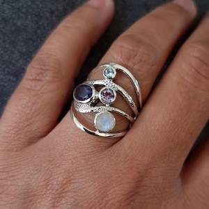 Amethyst Ring with Moonstone, Iolite & Blue Topaz, 925 Sterling Silver, Size US 5 1/4 UK J 1/2, Birthstone Jewellery, Mistry Gems, R46AMBI