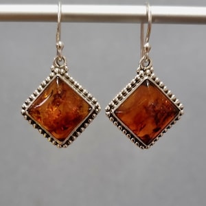 Large Boho Square Baltic Amber Dangle Earrings, 925 Sterling Silver, Stone Size 1.6cm & 1.5cm, Honey Amber Jewellery, Mistry Gems, AMBE4
