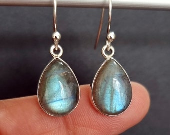 Labradorite Earrings, Teardrop 14mm x 10mm 925 Silver Earrings, Irridescent Blue Green Gemstone, Labradorite Jewellery, Mistry Gems, E11LAB