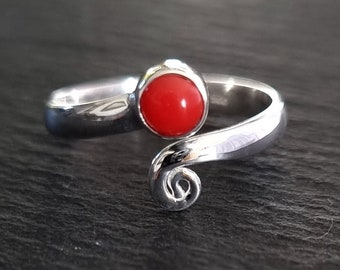 Bright Adjustable Coral Ring, 925 Sterling Silver Swirl Wrap