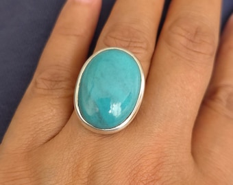 Chunky Oval Teal Turquoise Ring, 925 Sterling Silver, Size US 8 UK P 1/2, Stone Size 2.5cm x 1.8cm, Mistry Gems, R91
