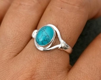 Bague turquoise, bague ovale en argent 925, pierre de naissance de décembre, pierre précieuse bleue, 11e anniversaire, bagues bohèmes, bague de fiançailles, Mistry Gems, R13T