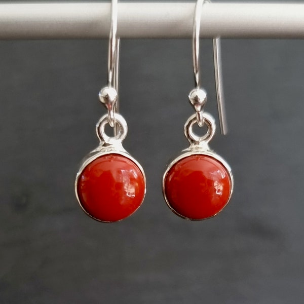 Small Round 8mm Coral Dangly Earrings, 925 Sterling Silver Earrings, Bright Red Gemstone, Thanksgiving Christmas Jewelry, Mistry Gems,E13COR