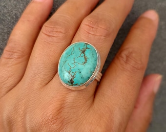 Unisex Large Oval Turquoise Ring, 925 Sterling Silver, Size US 8 3/4 UK R, Stone Size 2.2cm x 1.8cm, December Birthstone, Mistry Gems, R89