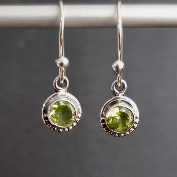 Small Boho Round Peridot Earrings, 925 Sterling Silver Dangly Earrings, Stone Size 6mm, 16th Anniversary, August Birthstone,Mistry Gems,E86P