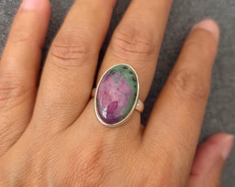 Oval Ruby Zoisite Ring, 925 Sterling Silver, Size US 8 UK P 1/2, Stone size 2.2cm x 1.3cm, Chunky Solitaire Cocktail Ring, Mistry Gems, R66
