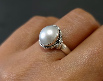 Boho Oval Pearl Ring, 925 Sterling Silver Ring, Size US 6 UK L, Mistry Gems, R4PL