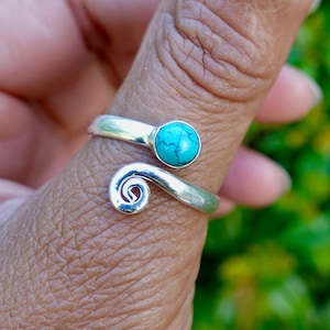 Unisex Einstellbarer Türkis Ring, 925 Sterling Silber Spirale Schlange Ring, Wrap-Around-Daumen-Ring, Dezember Geburtsstein, Mistry Gems, R61T