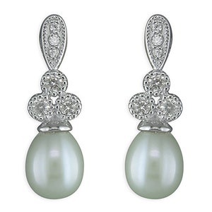Elegant Pearl Earrings, Pearl CZ Stud Drop Earrings, 925 Sterling Silver, 2.2cm Drop, Wedding Jewellery, June Birthstone,Mistry Gems,R9519/W