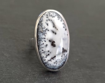Large Oval Dendritic Opal Ring, 925 Sterling Silver, US 6 1/4 UK L1/2-M, Stone Size 2.5cm x 1.4cm, Merlinite Jewellery, Mistry Gems, R135