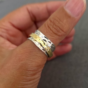 Unisex Brass Silver Spinner Ring, Wavy Gold 925 Sterling Silver Spinning Rings, Thumb Ring, Meditation Ring, Fidget Ring, Mistry Gems, SP42