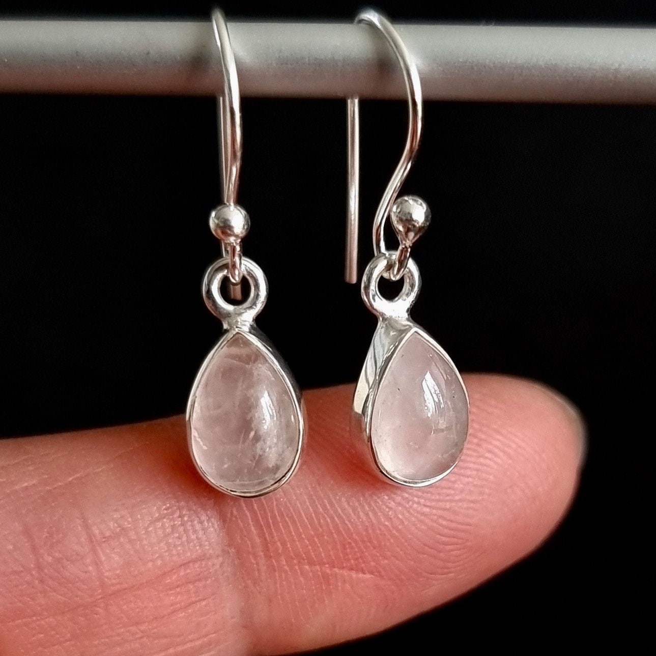 Rose Quartz Earrings, Small Teardrop 9mm X 6mm 925 Silver Rose Quartz Earrings, Small Teardrop 9mm X 6mm 925 Silver