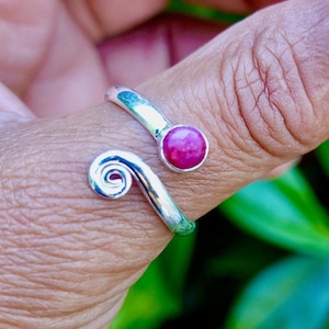 Boho Adjustable Ruby Ring, 925 Sterling Silver Wrap Ring, Swirl Silver Thumb Ring, 15th Anniversary, July Birthstone, Mistry Gems, R61R