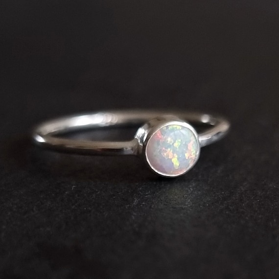 Dainty 5mm Round White Opal Ring, 925 Sterling Silver Stacking Ring, October Birthstone, Solitaire Engagement Ring, Mistry Gems, R10WOP