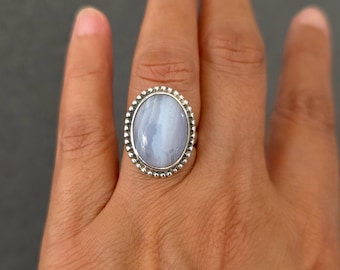 Boho Oval Blue Lace Agate Ring, 925 Sterling Silver, Ring Size US 7 UK N 1/2, Stone Size 1.8cm x 1.4cm, Mistry Gems, R65