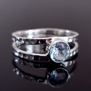 Round Blue Topaz Ring, Hammered 925 Sterling Silver, Sizes UK V, November Birthstone, 4th Anniversary Gift for Her, Mistry Gems, R22BTA