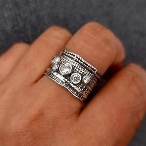 Wide Cubic Zirconia Ring, Oxidised 925 Sterling Silver, Size US 9 1/2 UK S1/2, April Birthstone, Engagement Rings Women, Mistry Gems, R14CZ