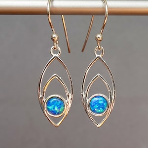 Modern 925 Silver Blue Opal Earrings, Marquis Dangle Earrings, Lab Created Opal, October Birthstone, 14th Anniversary, Mistry Gems, E35BOP
