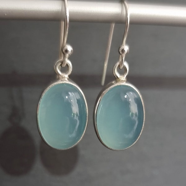 Aqua Calcedony Earrings, Oval 14mm x 10mm 925 Silver Earrings, Sky Blue Gemstone, March Birthstone, Wedding Dangly Earrings, Mistry Gems,E2C