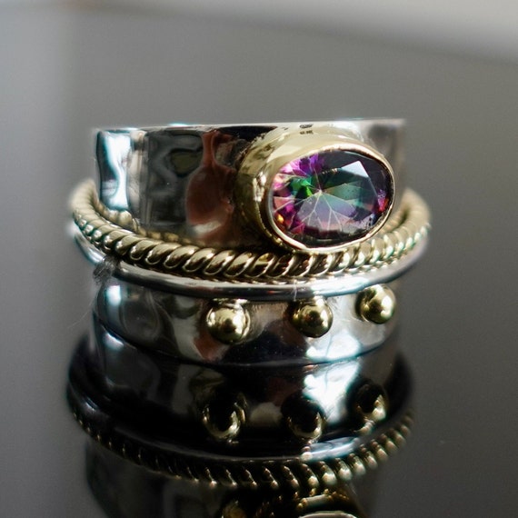 Bague En Argent Avec Topaze Arc-en-ciel Et Blanc - Taille M1/2 - Rempli Or - Neuf Sans Emballage