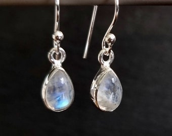 Small Rainbow Moonstone Earrings, Teardrop 9mm x 6mm 925 Silver Dangly Earrings, Blue Gemstone, June Birthstone, Mistry Gems, E5M
