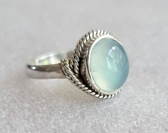 Boho Chalcedony Ring, Small Oval Silver Ring, Aquamarine Ring, Solitaire Ring, Aqua Blue Gemstone, Engagement Ring, Mistry Gems, R4C