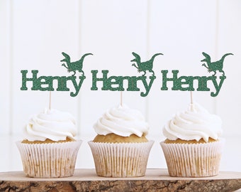 Custom Dinosaur Cupcake Toppers: Glitter Party Decor (Set of 12)