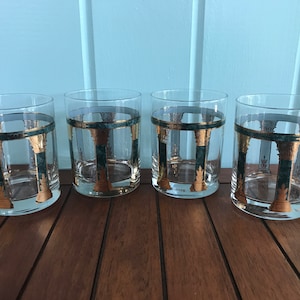 Four Culver Green and Gold Greek Marble Column Lowball Glasses
