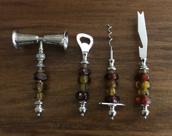 Vintage 4 Piece Glass Bead Bar Set / Bar Tools / Mixing Set - Bar Knife, Jigger, Bottle Opener, Corkscrew