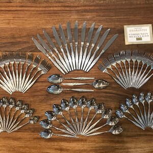 May include: A set of Community stainless steel silverware, including knives, forks, and spoons, arranged in a fan shape on a wooden surface. The silverware features a floral design and the text "Community Stainless" is visible on a small card.
