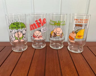 1979 Hardee’s Ziggy Glass, Tom Wilson Comic Glasses - Be Nice to the Little Things, Smile, Time for a Food Break, Try to Have a Nice Day
