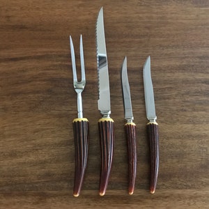 Sheffield Crown Crest Stainless Steel Faux Stag Horn / Antler Carving Knife, Carving Fork, Steak Knives