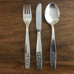 Rostfrei Germany Youth Silverware / Flatware - Spoon, Fork, Knife - Boy with Horn and Sheep, Girl with Geese, Girl with Rooster