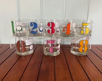 Set of Eight Ziggy Comics Numbered Glasses - Tom Wilson Ziggy Lowball Glass 1, 2, 3, 4, 5, 6, 7, 8