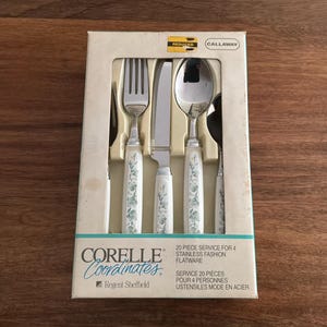 May include: A boxed set of Corelle Coordinates stainless steel flatware. The set includes forks, knives, and spoons with white handles featuring a green floral design. The box reads "20 Piece Service for 4".
